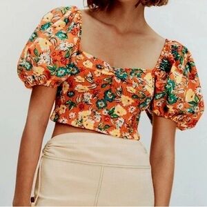Zara orange floral flower smocked puff sleeve sweetheart neckline crop top L NWT